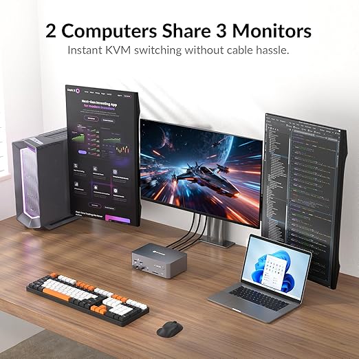 AV Access 8K KVM Switch 3 Monitors 2 Computers, Laptop + Desktop KVM Docking Station, 100W PD, GbE, 2xUSB 3.2 10Gbps USB-C Hub, SD Reader & Remote Switcher for HP, Dell, Chromebook, PC, and More