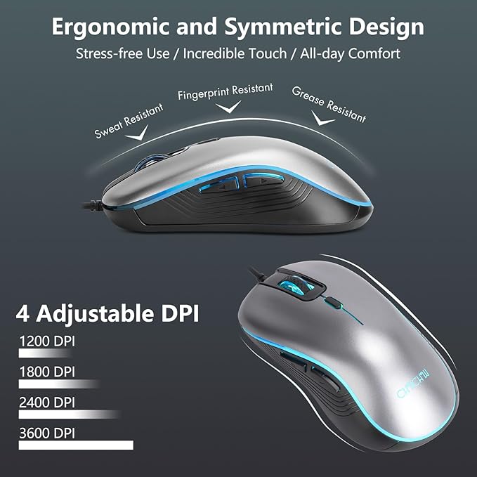 USB Wired Keyboard and Mouse Combo with Red-Yellow-Green LED, Silent Gaming Keyboard with 12 Mulitmedia Keys, Light Up Large Print for Elderly, Low Vision, RGB Backlit Mouse for PC Computer PS5 Laptop