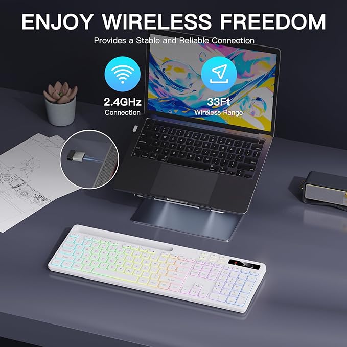 Wireless Keyboard with 7-Color RGB Backlit, Full-Size Computer Keyboard with Phone Tablet Holder, 2.4G Rechargeable Gaming Keyboard with Light Up Keys, Compatible with Mac, Windows (White)