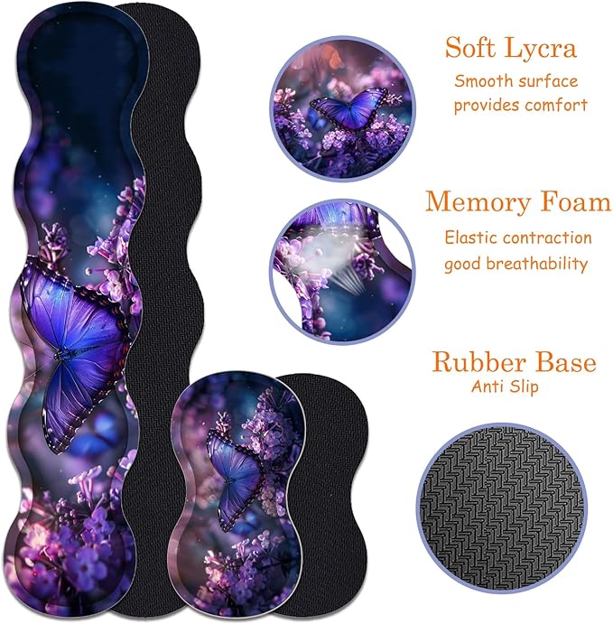 Large Gaming Mouse Pad + Keyboard Wrist Rest + Wrist Support + Coaster Set, Memory Foam Ergonomic for Easy Typing, XXL Extended Gaming Mouse Pad Table Pad - Purple Butterfly