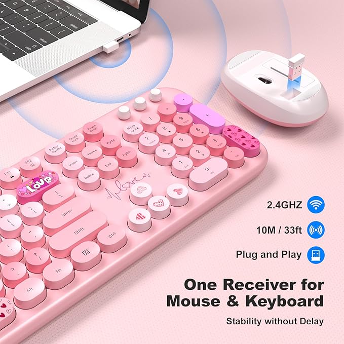 Wireless Keyboard and Mouse, SQMD Colorful Typewriter Retro Keyboard with Round Keycaps, 2.4GHz USB Full-Size Keyboard and Mouse Set for Mac PC Desktop Laptop (Pink Colorful)