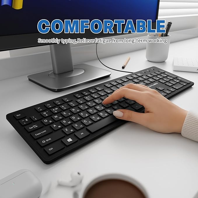 Russian Keyboard with English (Cyrillic),Non Fading Characters,12 Multimedia Keys USB Interface,1.6m line Length Suitable for Computer Laptop PC,Full Size with Number Key,Plug and Play