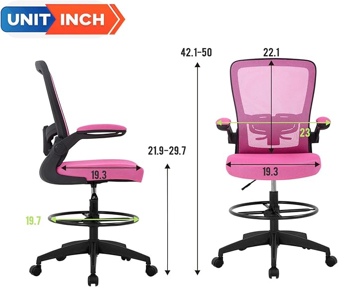 BestOffice Drafting Chair Tall Office Chair Adjustable Height with Lumbar Support Arms Footrest Mid Back Standing Desk Chair with Swivel Rolling Mesh Stool Pink