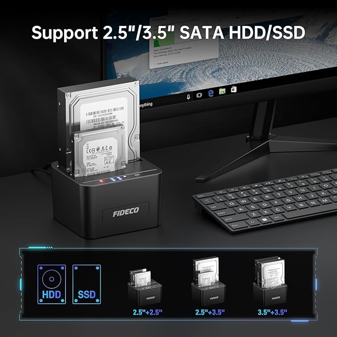 FIDECO External Hard Drive Docking Station, Hard Drive Dock for 2.5 and 3.5 inch SATA HDD SSD, HDD Docking Station with Dual Bay, USB 3.0 Hard Drive Reader, Support Offline Clone and UASP