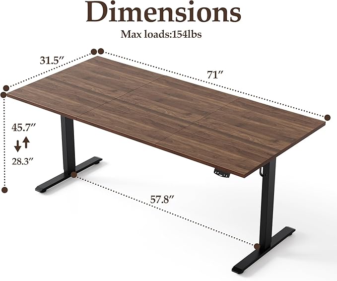Klicelor 71 Inch Large Electric Standing Desk, Height Adjustable Office Desk, Sit Stand Up Computer Gaming Desk with Memory Preset, Three-Piece Desktop, Dark Walnut