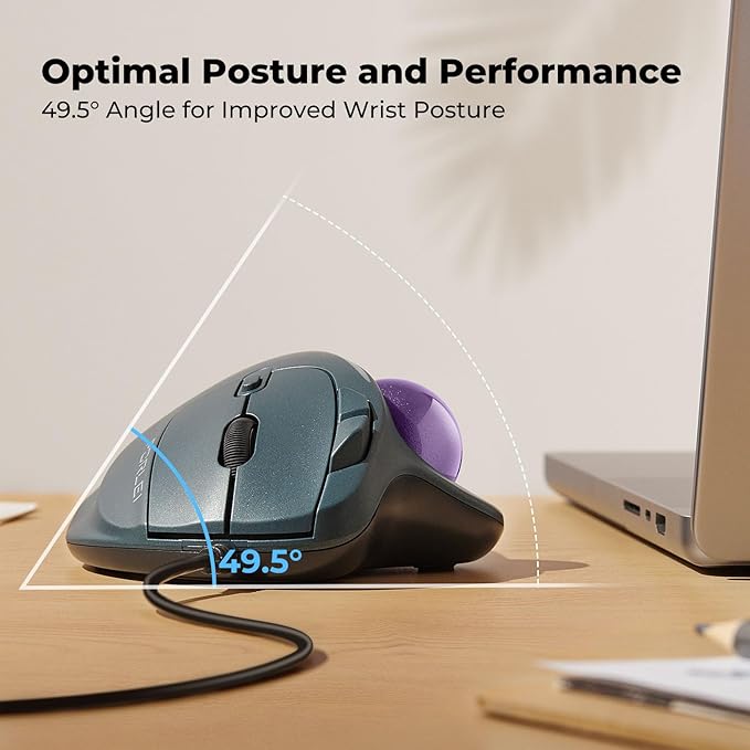 Wired Trackball Mouse with RGB Lighting, Ergonomic Thumb Control to Reduce Muscle Strain, 5 Adjustable DPI, Dual USB-C & USB-A Connectivity, Compatible with PC, Laptop, Mac, Windows-Purple