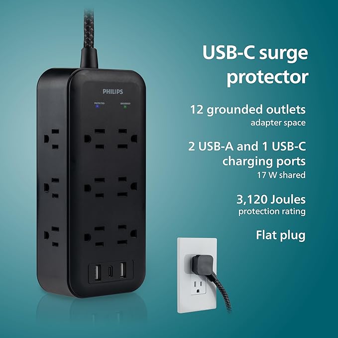 Philips Surge Protector, 12 Outlet, 2 USB-A, 1 USB-C, 17W, 3120J, Braided Cord, 8ft, Black