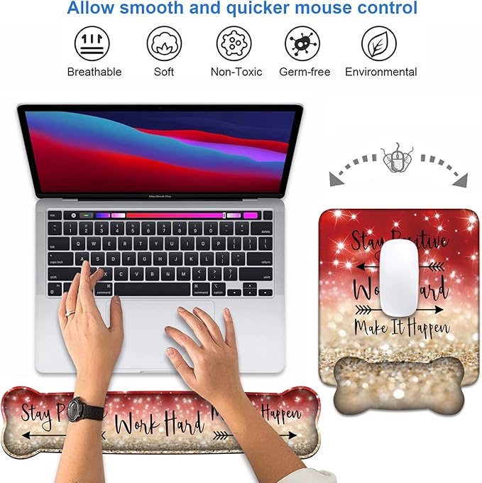 Keyboard Wrist Rest and Mouse Pad Wrist Support Set,Stay Positive Work Hard and Make It Happen Inspirational Quote Non-Slip Rubber PU Base for Home Office Working Studying Easy Typing & Pain Relief
