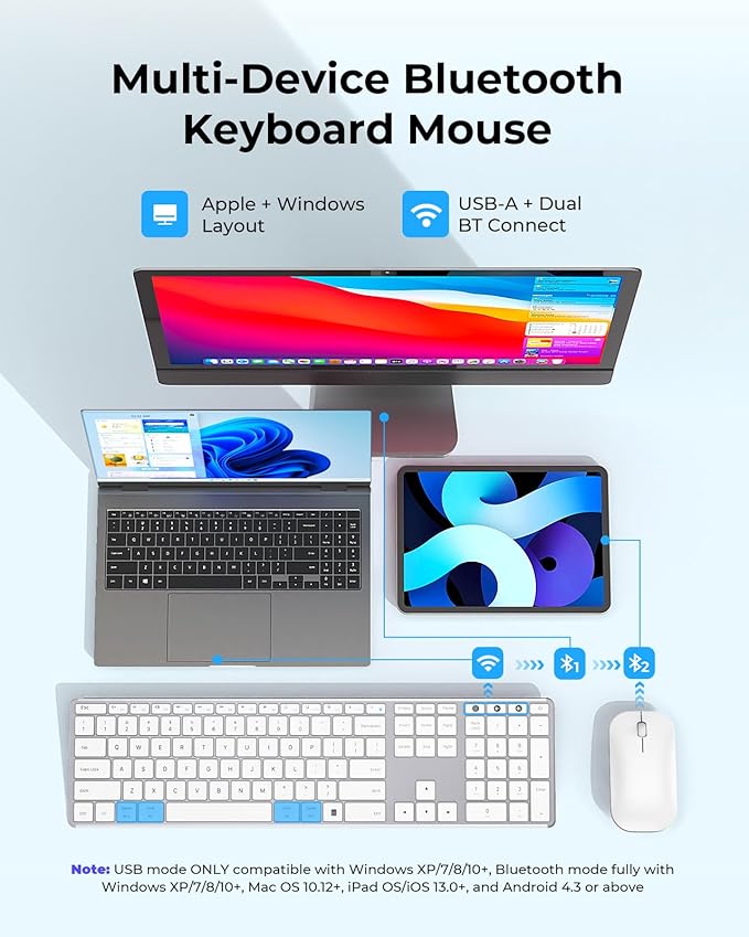 seenda Wireless Bluetooth Keyboard and Mouse Combo, SKM64-3 Rechargeable Slim Quiet Keyboard Mouse, 3 Multi-Device Connection, Compatible for Windows, Mac, MacBook, iPad, Tablet, White Silver
