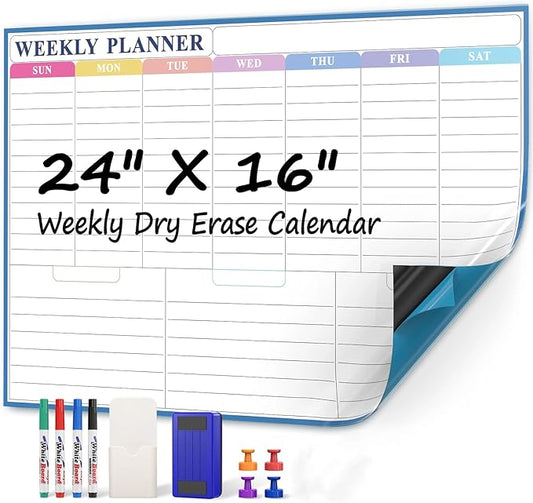 MaxGear Weekly Dry Erase Calendar for Wall, Self-Adhesive Wall Calendar White Board with 4 Dry Erase Markers, 1 Eraser, 4 Magnets, 1 Marker Holder for Office Home School