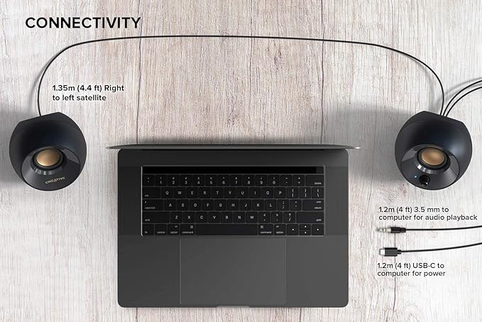 Creative Pebble V2 - Minimalistic 2.0 USB-C Powered Desktop Speakers, 3.5 mm AUX-in, Up to 8W RMS Power for Computers and Laptops, Type-A Adapter Included and Extended Cable (Black)