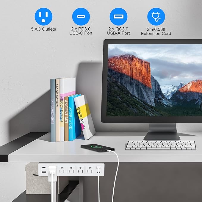 40W Under Desk Power Strip Mountable,20W USB-C Fast Charging Flat Plug Power Strip Surge Protector 1200J,9 in 1 Desk Outlet,5 Outlets,2 USB-C,2 USB-A,6FT Extension Cord White