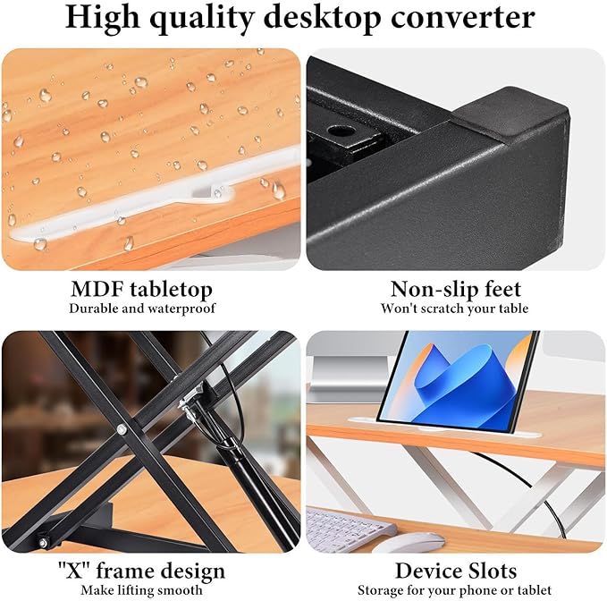 37" Desk Converter, Height Adjustable Stand Up Desk Converter, 2 Monitor Standing, Sit to Stand, Quick Sit to Tabletop, Riser Workstation with Wide Keyboard Tray