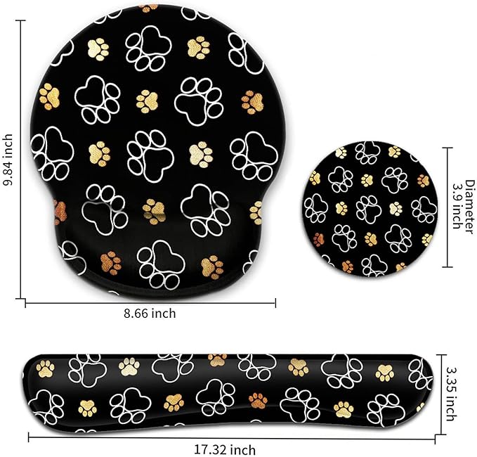 Keyboard Wrist Rest and Mouse Pad with Wrist Support, Ergonomic Gel Mouse Pad Coaster for Easy Typing Pain Relief, Memory Foam Keyboard Mousepad Set,Cute Dog Paw Prints Gold White