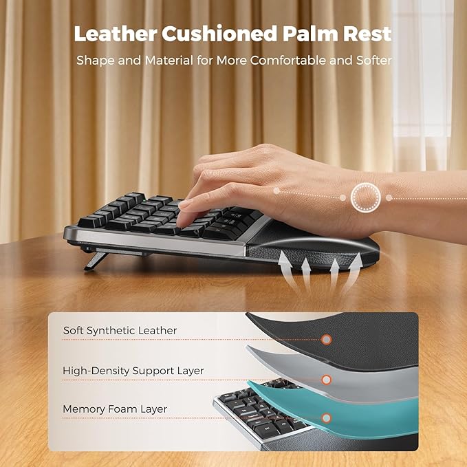 MEETION Ergonomic Wireless Keyboard and Mouse Combo, 2.4G Curved Compact Keyboard with Cushioned Palm Rest, 4 Level DPIs Adjustable Wireless Mouse, for Windows/Mac/Desktop/Laptop/PC, Gray Black