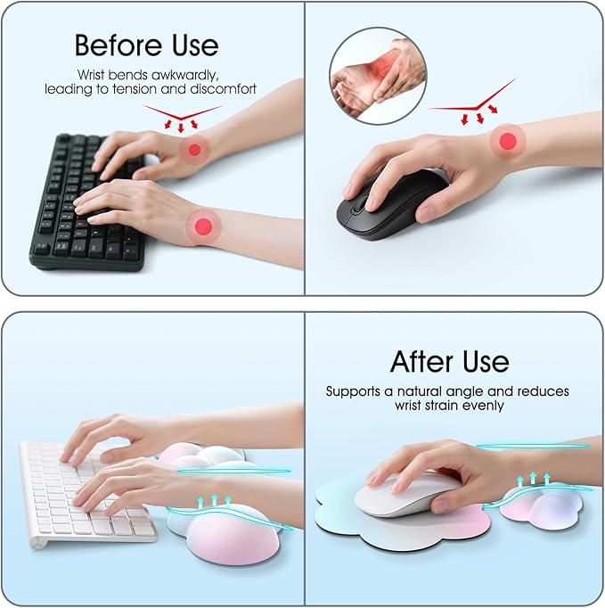 Cloud Wrist Rest Keyboard Cushion, 4-in-1 Ergonomic Cloud Keyboard Wrist Rest and Mouse Pad Set with Memory Foam Arm Support for Palm, Cute Desk Accessory for PC Gaming Setup, Rainbow