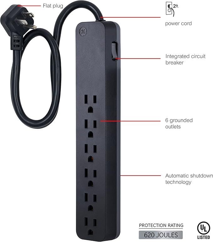 GE Pro 6 Outlet Surge Protector, 2 Ft Long Extension Cord, Power Strip, Flat Plug, Wall Mount, Black, 45170