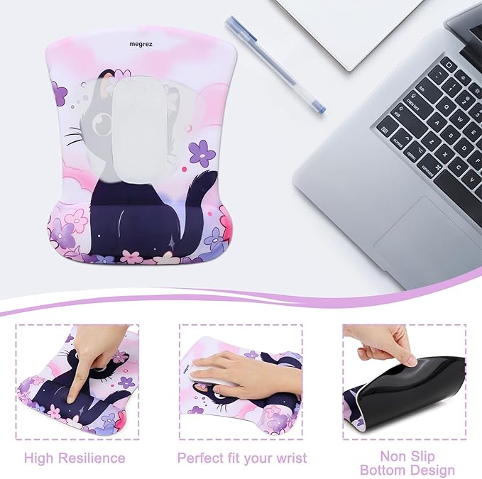 MEGREZ 4-in-1 Ergonomic Memory Foam Wrist Rest Set, Desk Pad, Mouse Pad with Wrist Rest, Keyboard Pad, Suitable for Office Workers, Programmers & Gamers–Relieve Typing & Gaming Fatigue, Kitten