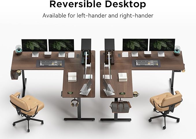 63X55 Inches Reversible L Shaped Standing Desk Height Adjustable with Cup Holder, Electric Corner Computer Desk, Sit Stand up Home Office Desk, Ergonomic Gaming Desk, Black Walnut