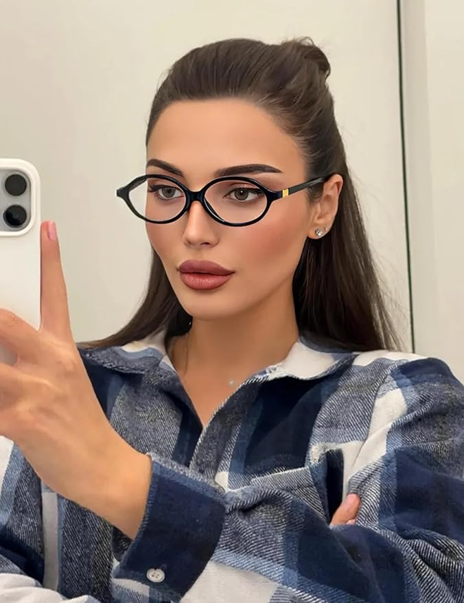 Slocyclub Fashion Oval Blue Light Blocking Glasses for Women Men Vintage Oval Small Frame Eyeglasses Retro Glasses, Black