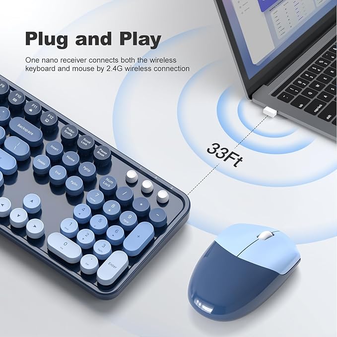 Wireless Keyboard and Mouse Combo, MOWUX Full Size Typewriter Retro Round Computer Keyboard, Cute Optical Mouse Wireless, Plug and Play, for Laptop, PC, Computer- Sea Blue Gradient