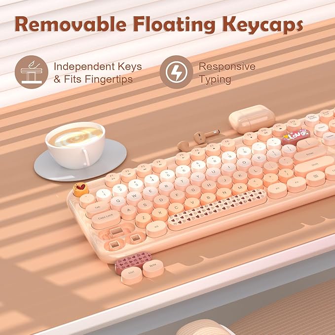 Wireless Keyboard Mouse Combo, Keyboard and Mouse Set,104 Round Keys Colorful Wireless Typewriter for MacBook Windows Laptop Tablet Coffee