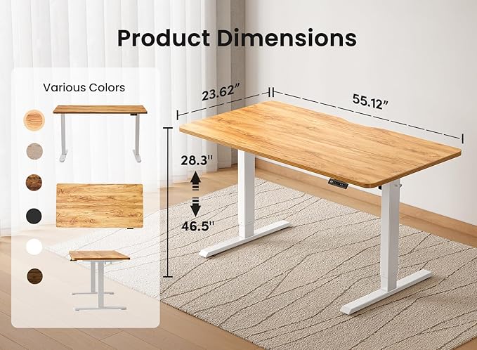 BANTI 55 × 24 Inches Standing Desk, Ergonomic, Electric Height Adjustable, Sit and Stand Up, Computer Office Desk with Splice Board, White Frame/Light Rustic Top