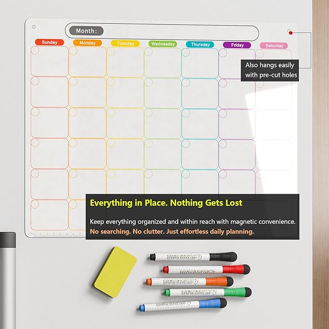 Mag-Fancy Dry Erase Calendar Kit- Magnetic Calendar for Refrigerator - Monthly Fridge Calendar Whiteboard with Extra-Thick Magnet Included Fine Point Marker & Eraser & Adhesive Mounts for Wall Hanging