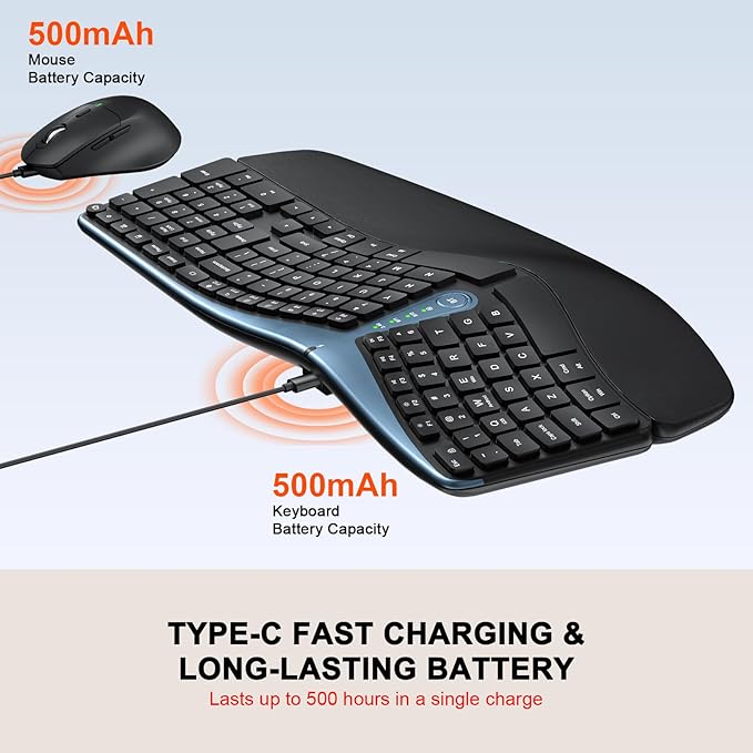 Ergonomic Wireless Keyboard Mouse Combo, MK835 Wave Keys Bluetooth/2.4G Split Design Ergo Keyboard with Cushioned Palm Rest, Multi-Device, Rechargeable, for Multi-OS, Windows/Mac/Android