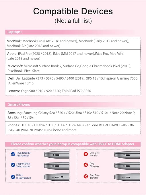 QGeeM USB C to HDMI Adapter 4K Cable, USB Type-C to HDMI Adapter [Thunderbolt 3/4] HDMI for Laptop MacBook Pro/Air, iPhone 15 16 17 Pro max, Dell XPS, Pixelbook, iMac,Thinkpad,Surface,IPad Pro. -Pink