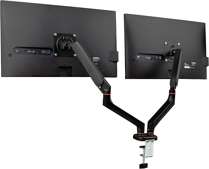 Mind Reader Dual Monitor Gas Spring Desk Mount, Counter-Balance Arm for 13"–32" Monitors, VESA 75x75 / 100x100, ±180° Rotation, ±65° Tilt, ±180° Swivel, 19.8 lb Capacity Each, Cable Management, Black