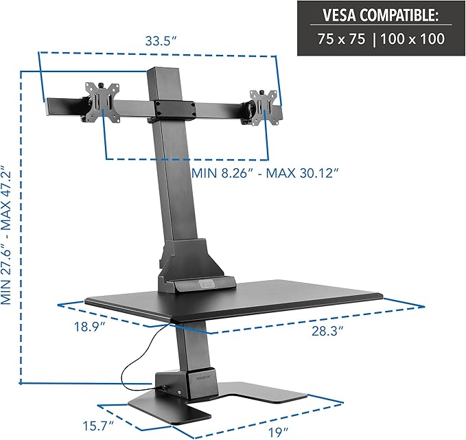Mount-It! Double Monitor Electric Standing Desk Converter - 2 Screens Stand Up Desk Riser - Height Adjustable Desktop & 2 Mounts for Screens up to 32", Sit-Stand Convertor for Home, Office, School