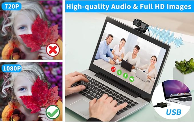1080P HD Webcam with Microphone and Privacy Cover, USB Plug & Play Computer Camera, 120° Wide Angle Fixed Focus Web Camera for Video Conferencing, Online Learning, Streaming and Gaming