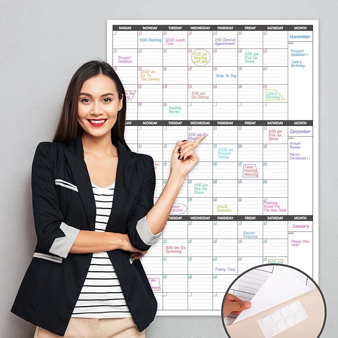 Large Dry Erase Calendar for Wall,3 Month Vertical Wall Calendar, Blank Reusable Monthly Quarterly Calendar Planner Undated, 27.8"x41" Whiteboard Calendar, Office, Classroom