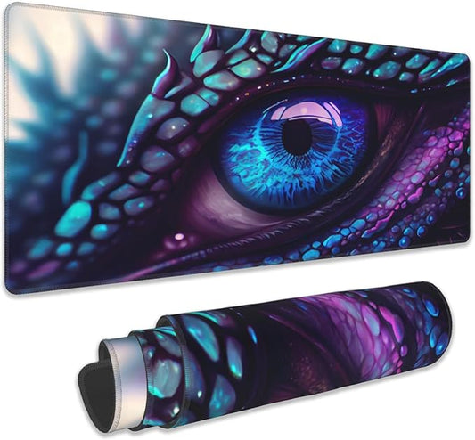Desk Mat, Blue and Purple Fantasy Dragon Eye Extended Gaming Mouse Pad Large, 31.5"x11.8" Big Mouse Pad with Non-Slip Base and Stitched Edge, Long Computer Keyboard Mouse Mat for Home Office Work