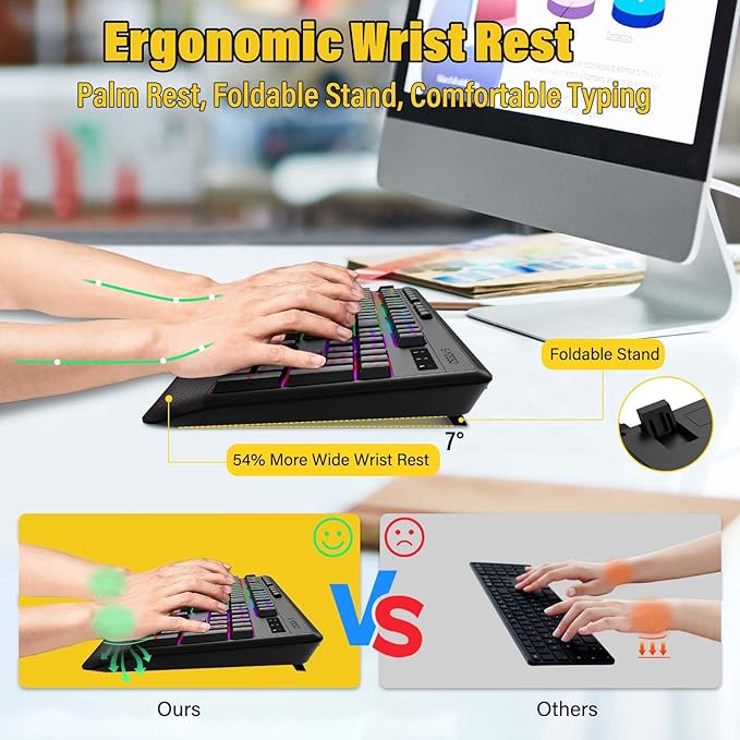 E-YOOSO Wireless Bluethooth Silent Backlit Gaming Keyboard,Tri-Mode BT5.0/2.4GHz/Wired,8 RGB Light up,Ergonomic,USB C Rechargeable,for Typing/Office/Home/PC Computer/Mac/Laptop/IPad/Xbox/PS5