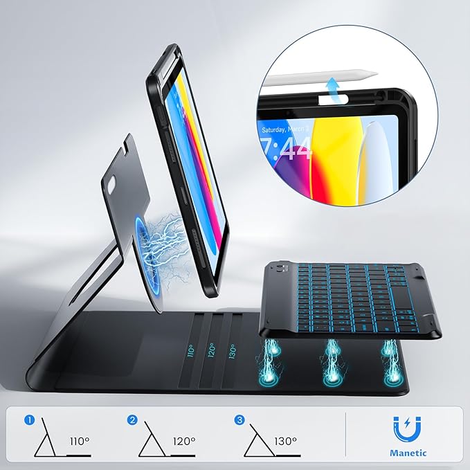 OYEEICE for iPad 11th 10th Generation Case with Keyboard - Upgraded 360 Magnetic Detachable Cover with Backlit Keyboard, Pencil Holder for iPad 11-inch A16 2025 10th Gen 10.9 inch - Black