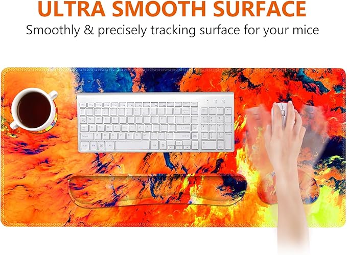 DINKY Keyboard Mouse Pad Set, Large Gaming Mousepad + Memory Foam Ergonomic Keyboard Wrist Rest Support, Easy Typing Pain Relief, 4Pcs (35.4" x 15.7") Extended Desk Mat-Art Painting