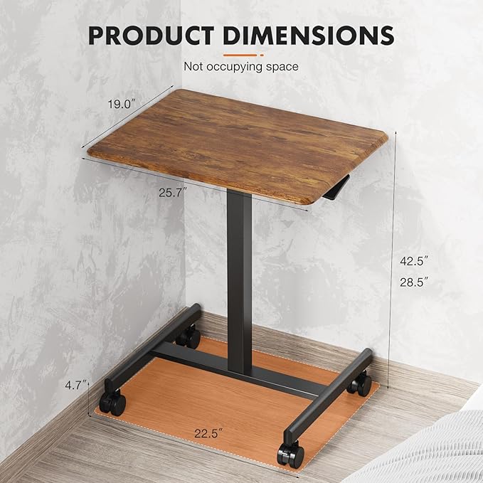 Sweetcrispy Mobile Small Standing Desk - Sit Stand Portable Rolling Laptop Desk with Lockable Wheels, Adjustable Height Computer Workstations, Brown