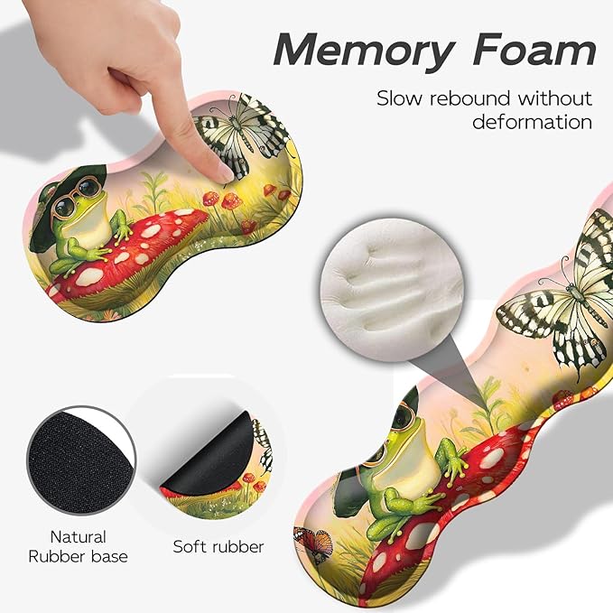 Gaming Mouse Pad Set, Frog Mushroom Large Desk Mat Mousepad, Keyboard Wrist Support, Mouse Wrist Rest, Coaster 4in1 Ergonomic Memory Foam, Non-Slip Stitched Edge for Home Office