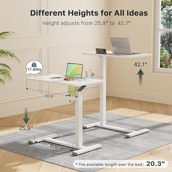 Mobile Standing Desk, Pneumatic Adjustable Rolling Desk(27.5 Inches), Portable Laptop Desk with Wheels, Overbed Bedside Table Laptop Table for Couch, Home, Office, White