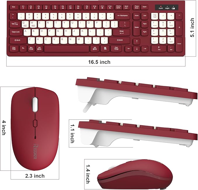 Wireless Keyboard and Mouse Combo, Full-Sized Wireless Keyboard and Adjustable DPI Mouse, 2.4GHz USB Receiver, Keyboard and Mouse for PC, Windows, Desktop, Laptop (Wine Red-B)