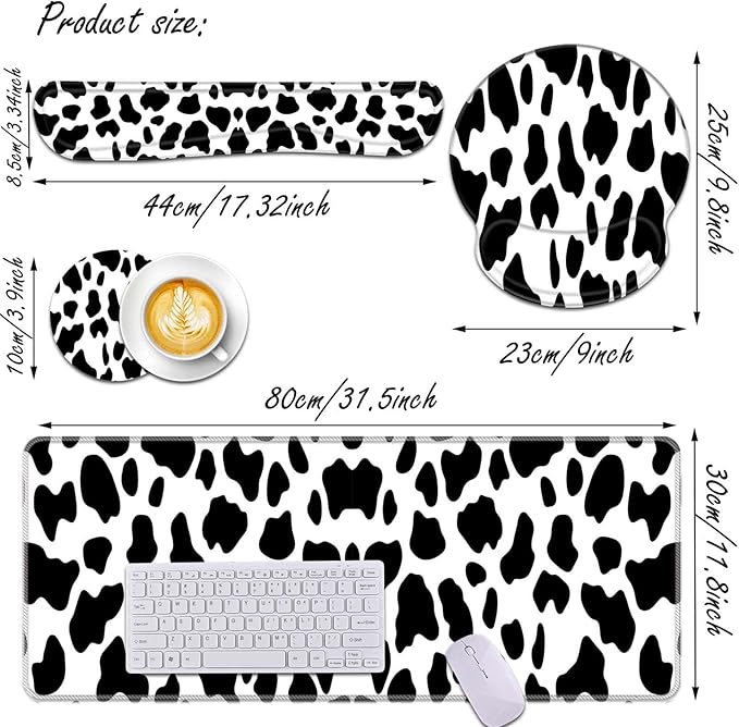 Keyboard Wrist Rest and Mouse Pad Wrist Support Set,Ergonomic Memory Foam Wrist Pad & Non Slip Base for Home Office Working Studying Easy Typing,Pain Relief,Cow Pattern