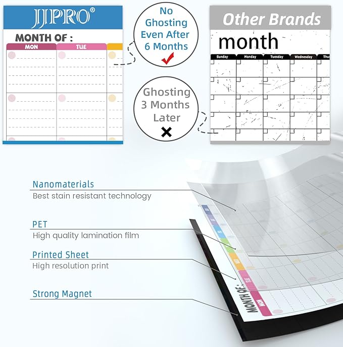 JJPRO Magnetic Dry Erase Monthly Calendar Set for Fridge-Reusable Monthly Calendar,Weekly Planner&Lists for Refrigerator-Starts Monday-Magnetic Multicolor Monthly Planner Bundle-16.5x11"