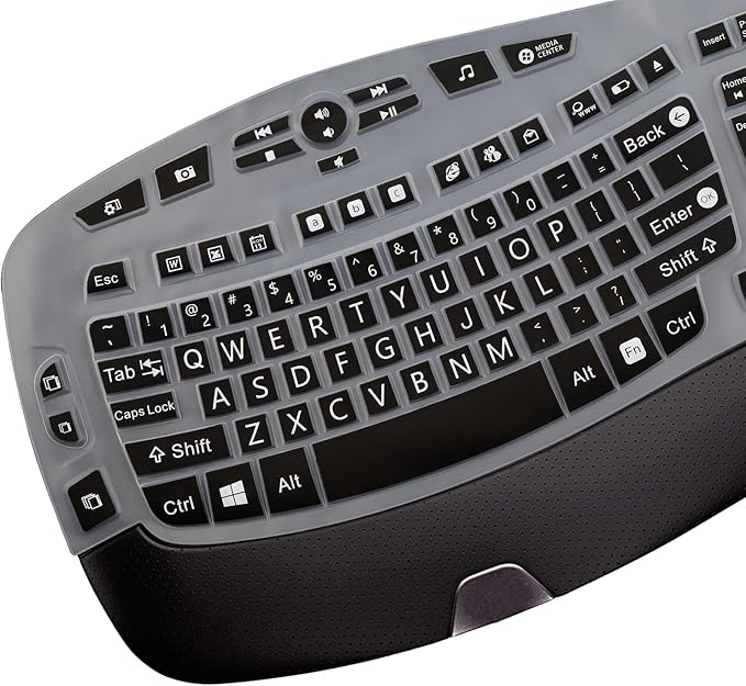 MUBUY-GOL Large Print Keyboard Cover for Logitech K350 Wireless Wave Keyboard, MK570, MK550; Black Silicone; Water Resistant, Dust Proof, Washable