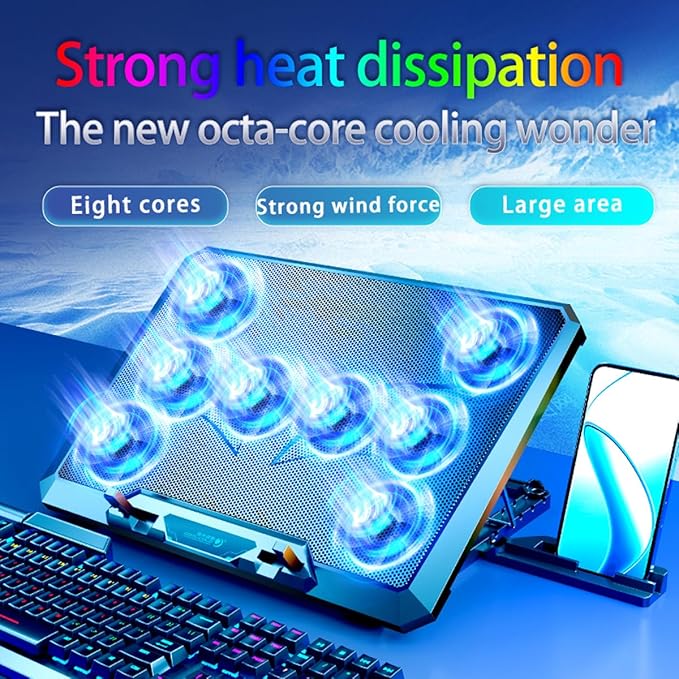 Laptop Cooling pad for Hp Chromebook x360 11 G4 Education Edition Gaming laptops, Laptop Cooler with 8 Fan, Adjustable Speed, 5-Level Height Adjustment, Mute Silent,2 USB-A Port，Built-in Phone Stand