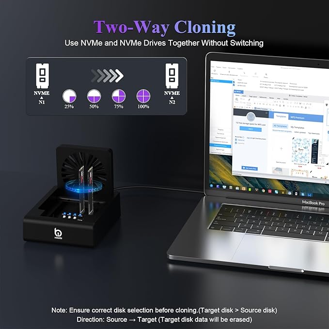 M.2 NVMe & SATA Hard Drive Docking Station, USB C 10Gbps Hard Drive cloner for M.2 PCIe NVMe + SATA 2.5”/3.5” HDD Converter, Offline Cloning, Tool-Free, Cooling Fan
