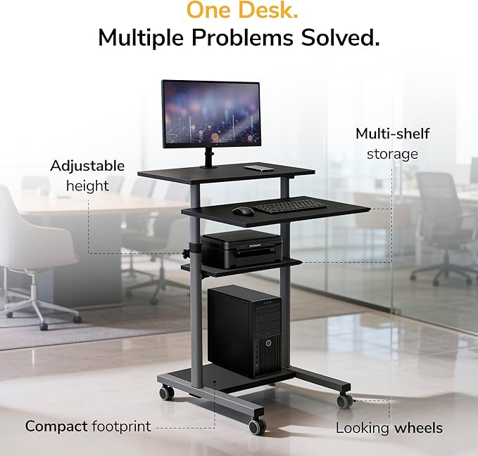 Mount-It! Rolling Desk Adjustable Height up to 54.7", Portable Standing Desk for Laptop or Podium Stand with Wheels, Mobile Roller Presentation Cart, Computer Work Station 27.5" Wide, Locking Wheels