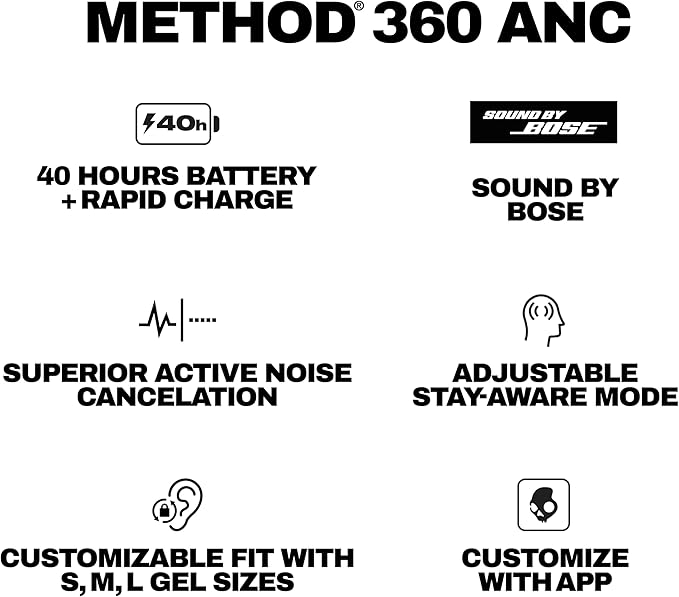 Skullcandy Method 360 ANC Wireless Earbuds, Sound by Bose, Bluetooth Headphones, Premium Noise Cancelling, Up to 40 Hrs Battery, Sweat and Water Resistant, Microphone for iPhone Android - Primer