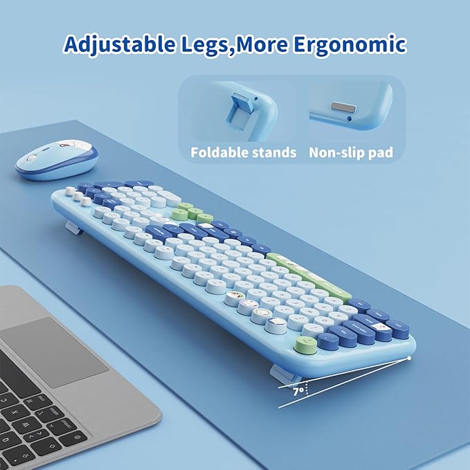 Wireless Keyboard and Mouse Combo, 2.4GHZ Typewriter Retro Full Size Keyboards, Cute Colorful Computer Keyboard and Wireless Mouse for Laptop/Desktop/Windows/PC (Blue Colorful)
